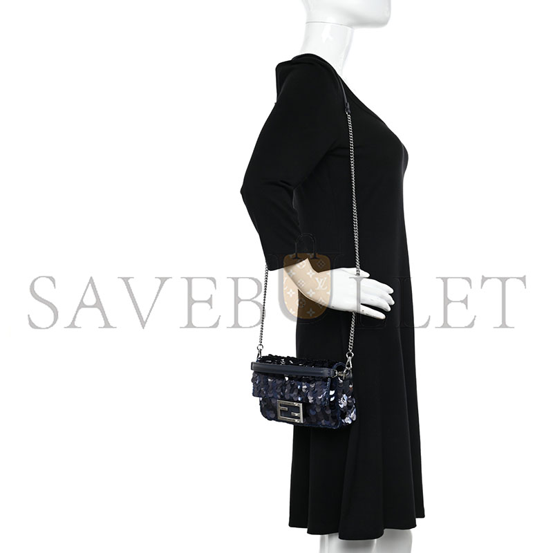 FENDI SEQUIN PAILLETTES VITELLO GRACE STRIPED MINI BAGUETTE DARK BLUE LUNAI (19*11*5cm)